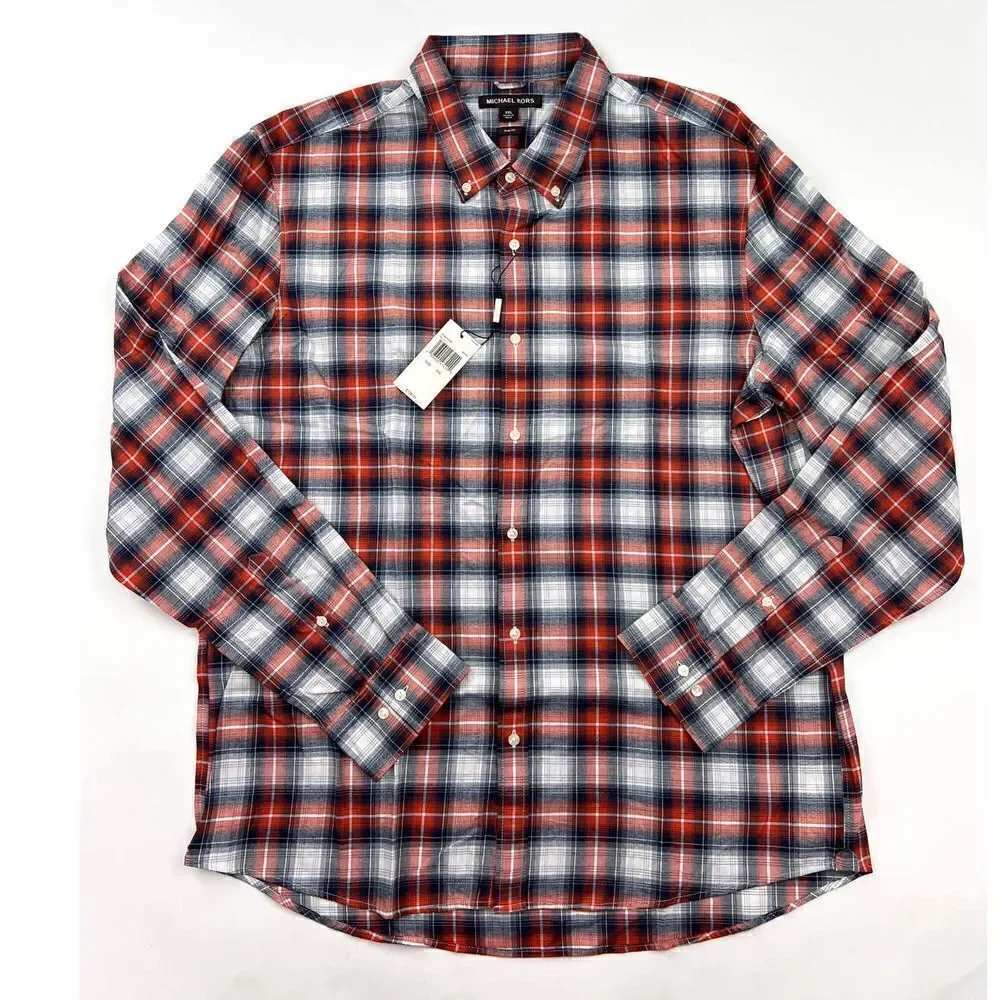 NWT Michael Kors Men US XXL Plaid Button Down Shirt  White Gray Orange Casual - Picture 3 of 7